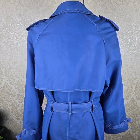 J Crew Size 4 Light Blue Trench Coat White Stitching Double Breasted Nylon Shell - Picture 9 of 16